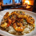A plate of Garlic Butter Shrimp with Rice, seasoned with herbs and glistening with garlic butter sauce.