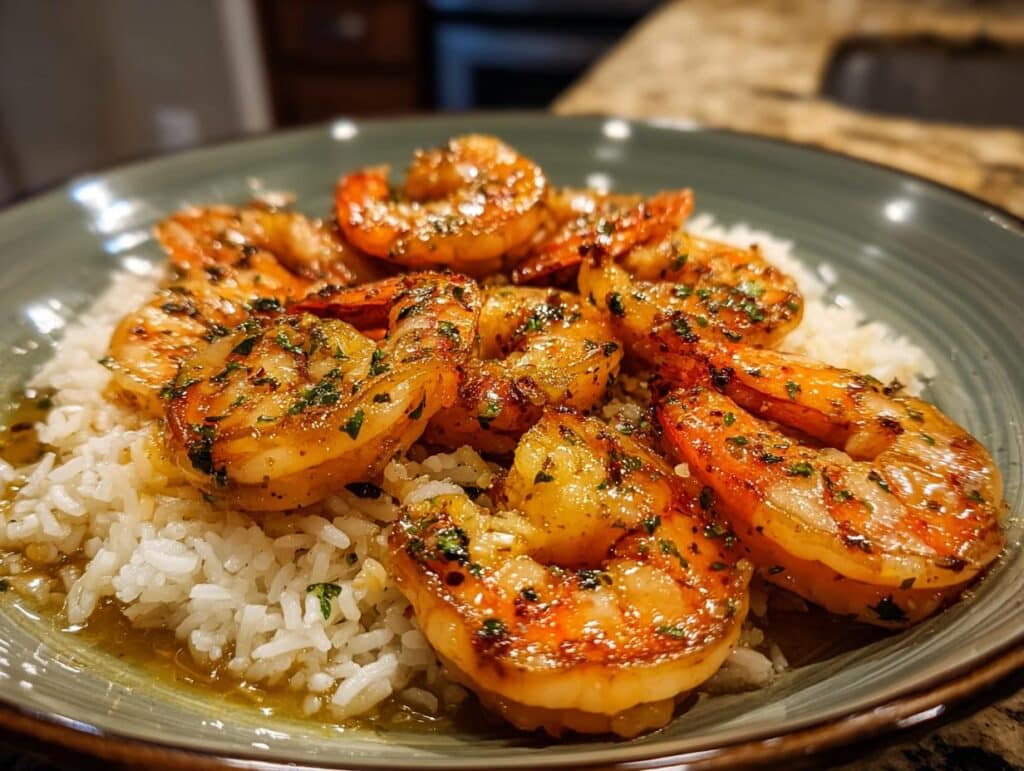 Close-up of Garlic Butter Shrimp with Rice, featuring plump shrimp coated in garlic butter sauce and fresh herbs.