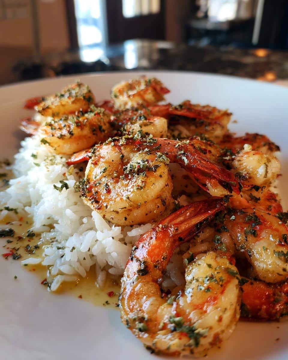 Amazing 15-Minute Garlic Butter Shrimp with Rice 6 A plate of Garlic Butter Shrimp with Rice, seasoned with herbs, and glistening with garlic butter sauce.