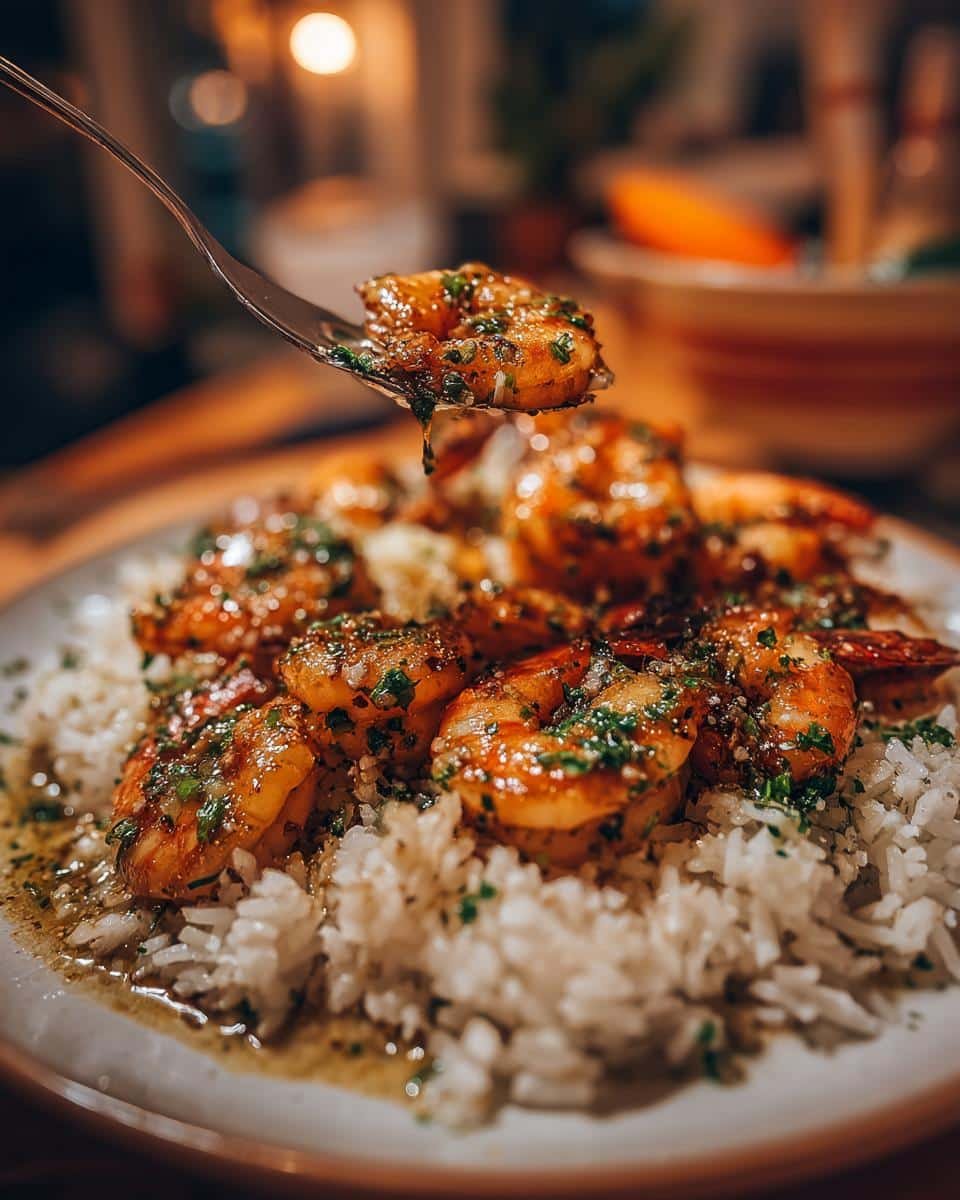 Amazing 15-Minute Garlic Butter Shrimp with Rice 7 Close-up of Garlic Butter Shrimp with Rice, featuring juicy shrimp and fresh herbs on a plate.