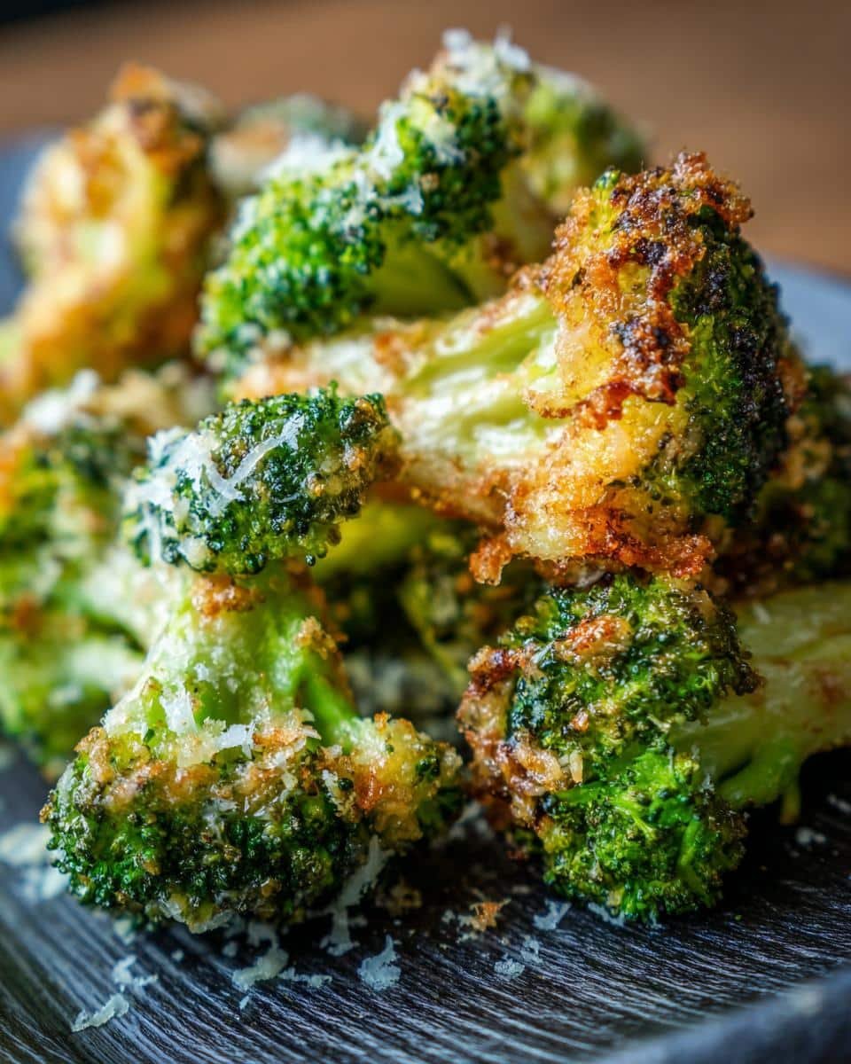 Delicious Garlic Parmesan Broccoli in Just 20 Minutes 9 Close-up of Garlic Parmesan Broccoli showing the texture and cheese topping.