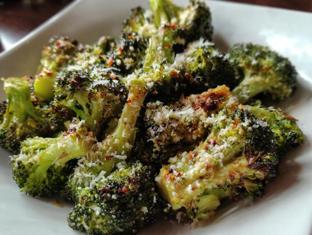 Close-up of Garlic Parmesan Broccoli on a white plate, showing the texture and cheesy topping.