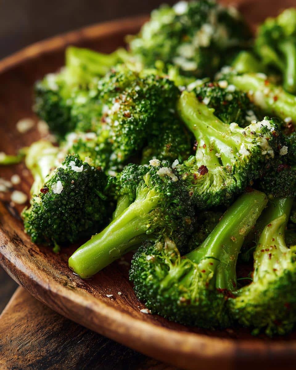 Delicious Garlic Parmesan Broccoli in Just 20 Minutes 8 Close-up of Garlic Parmesan Broccoli served on a wooden plate, showcasing the texture and seasoning.