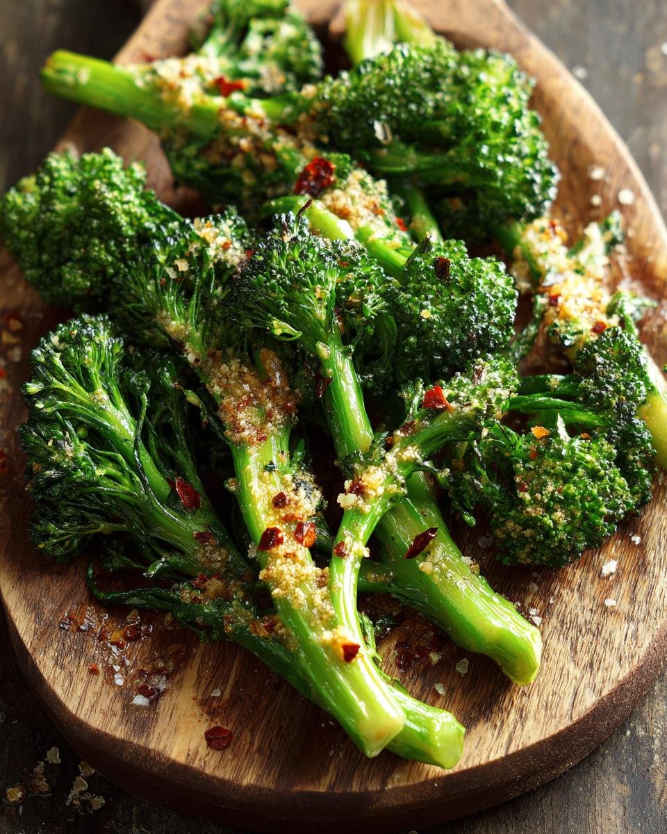 Delicious Garlic Parmesan Broccoli in Just 20 Minutes 6 Close-up of vibrant Garlic Parmesan Broccoli served on a rustic wooden board, garnished with red pepper flakes.