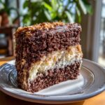 A delicious slice of German Chocolate Cake with coconut pecan frosting on a white plate.