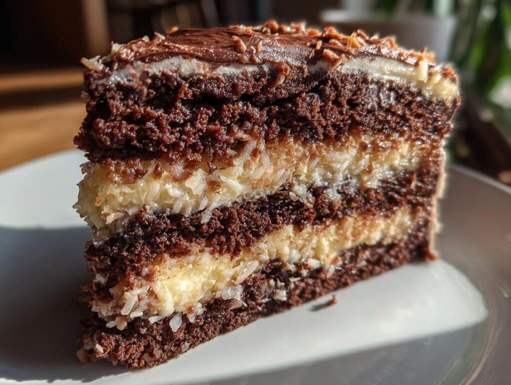 A delicious slice of German Chocolate Cake with layers of chocolate cake and coconut pecan frosting.
