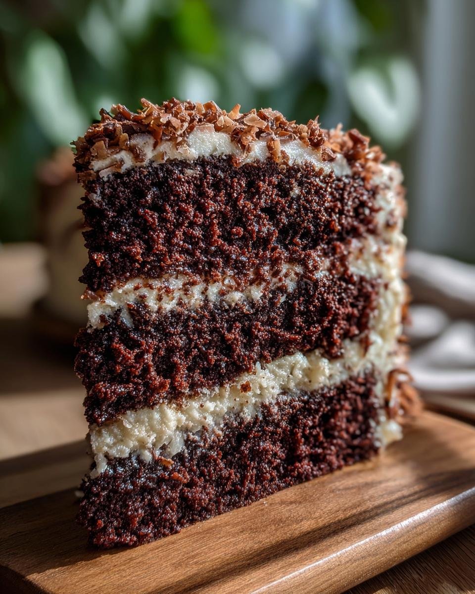 Unbelievably Delicious German Chocolate Cake Recipe 6 A delicious slice of German Chocolate Cake with layers of chocolate cake and coconut pecan frosting.