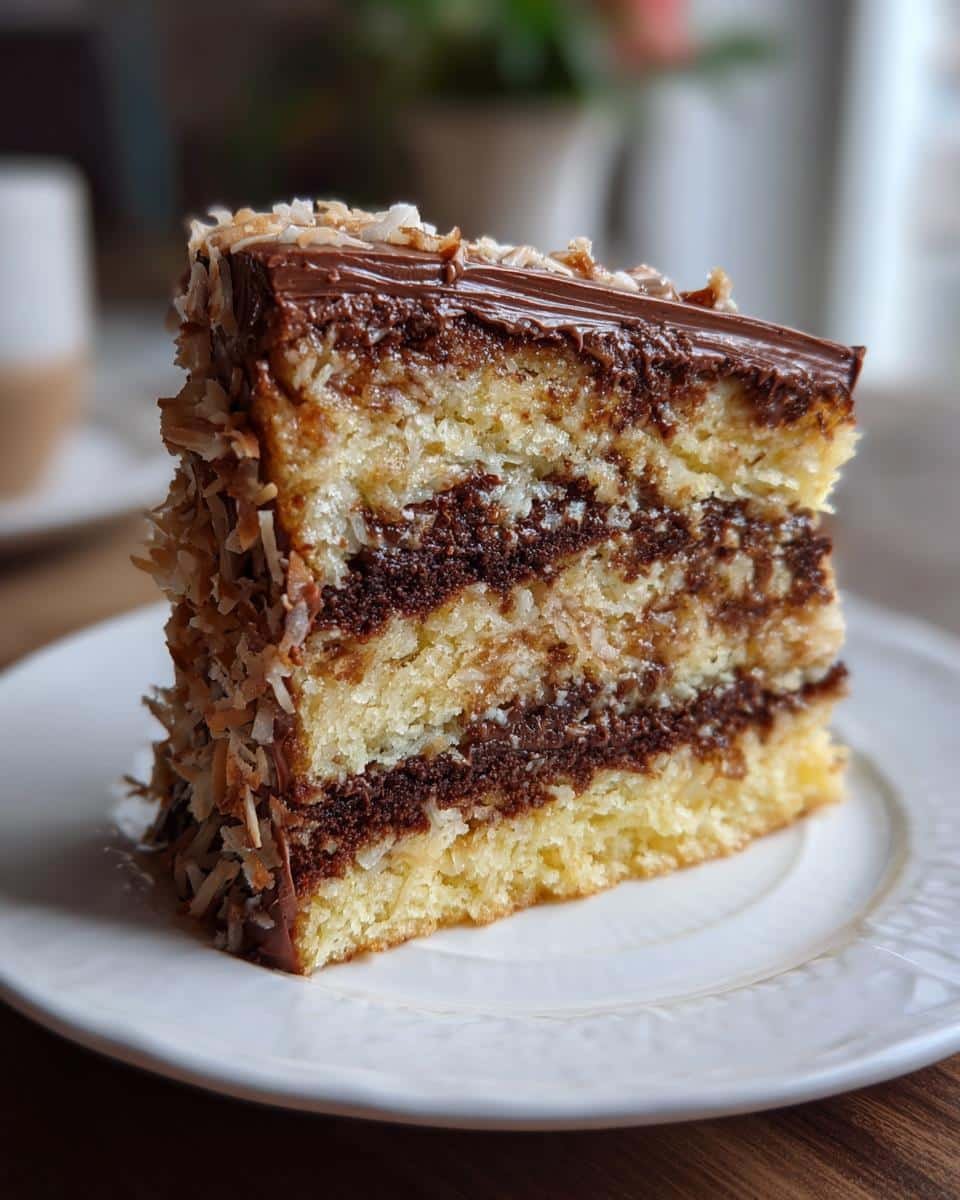Unbelievably Delicious German Chocolate Cake Recipe 7 A delicious slice of German Chocolate Cake with layers of cake, chocolate frosting, and coconut flakes.