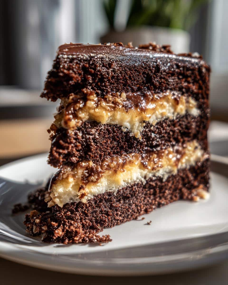 Unbelievably Delicious German Chocolate Cake Recipe 9 A delicious slice of German Chocolate Cake with layers of chocolate cake and coconut pecan frosting.