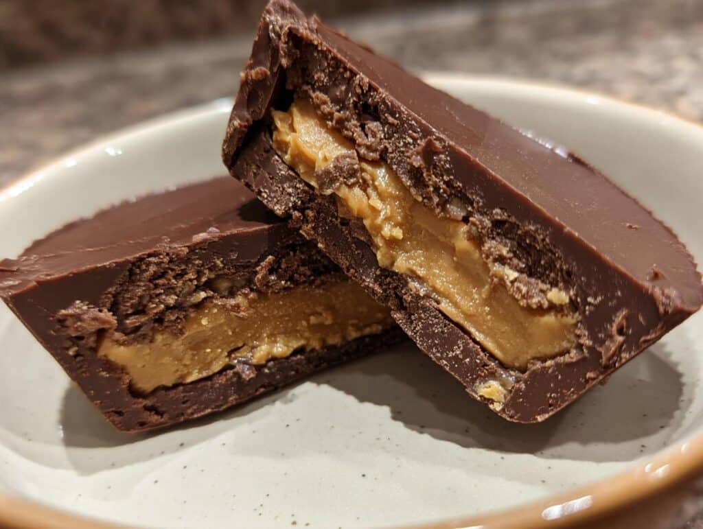 Close-up of a sliced Giant Reese’s Peanut Butter Cup, showing the peanut butter filling and chocolate layers.
