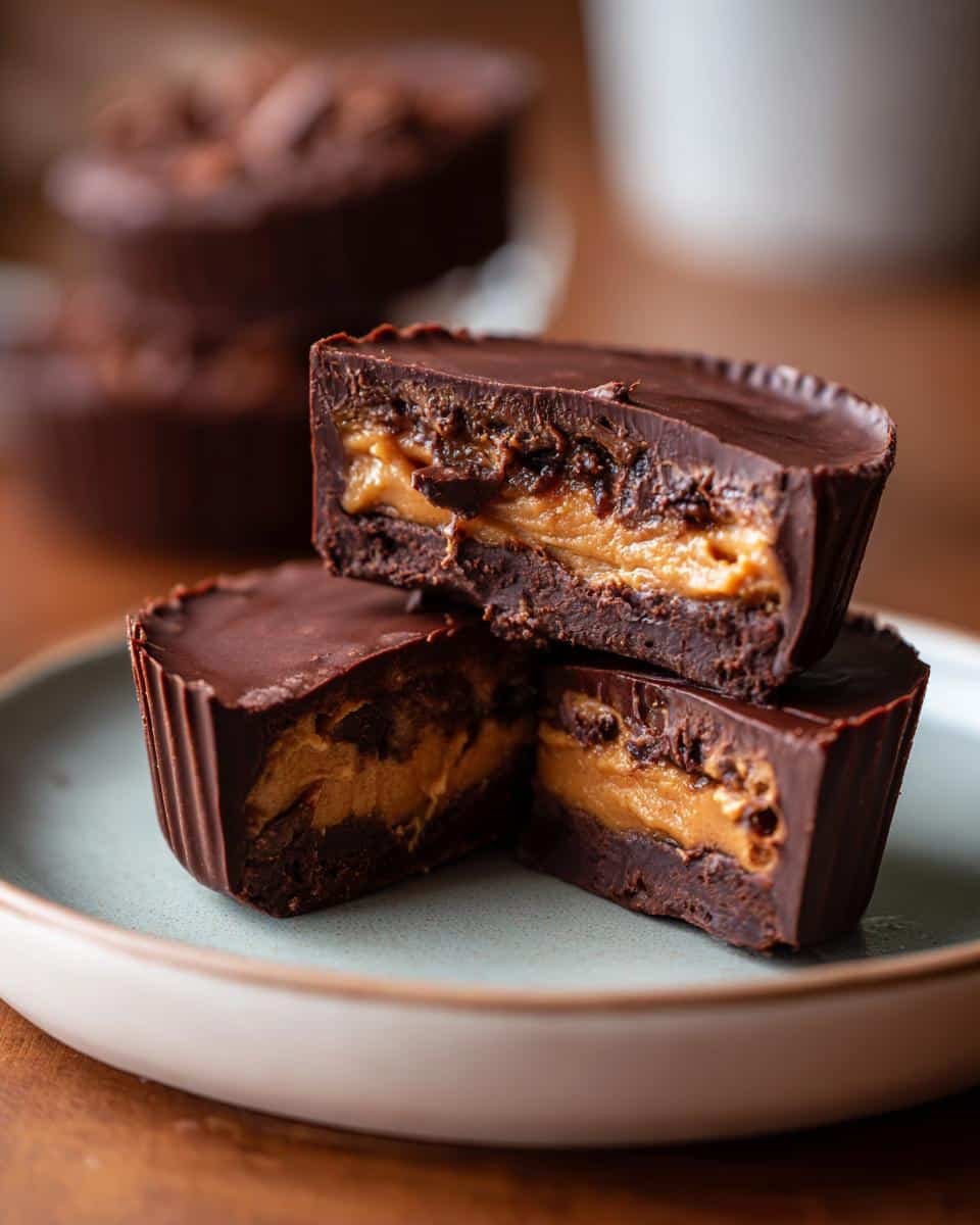 Easy Giant Reese’s Peanut Butter Cup Recipe: Unforgivable 8 Stack of cut Giant Reese’s Peanut Butter Cup showing peanut butter filling and chocolate.