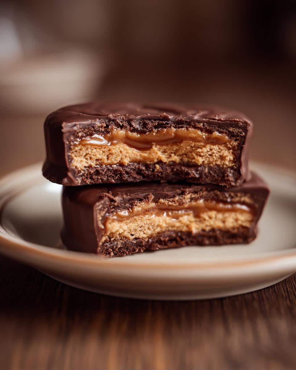 Easy Giant Reese’s Peanut Butter Cup Recipe: Unforgivable 9 Two halves of a Giant Reese’s Peanut Butter Cup stacked to show the peanut butter filling.