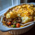 Close-up of gnocchi shepherds pie soup with mashed potato topping, meat, and vegetables in a white baking dish.