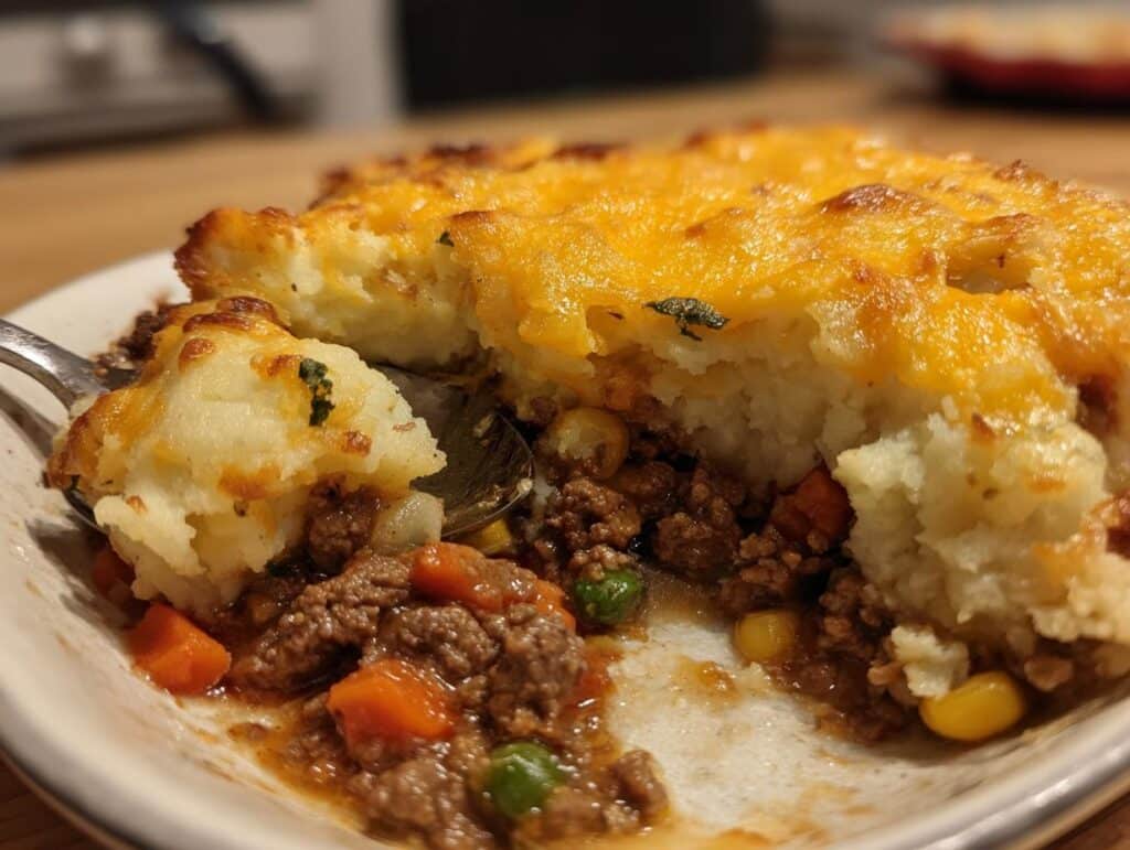 Close-up of Gnocchi Shepherds Pie Soup with a spoonful taken out, showing layers of meat, vegetables, and mashed potato topping.