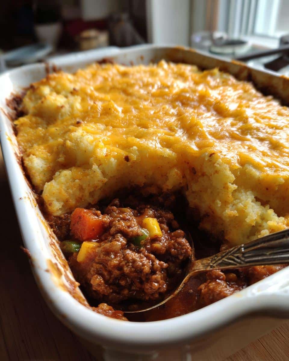 Unbelievable Gnocchi Shepherds Pie Soup in Just 4 Steps 6 Close-up of gnocchi shepherds pie soup in a white baking dish, with a spoon scooping out a portion.