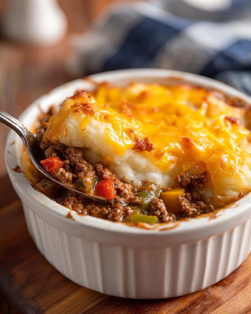 Unbelievable Gnocchi Shepherds Pie Soup in Just 4 Steps 9 Close-up of gnocchi shepherds pie soup in a white ramekin, topped with mashed potatoes and melted cheese.