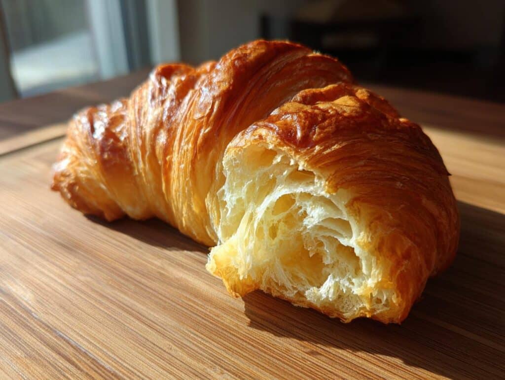 A golden brown croissant, partially broken open to show its flaky layers, perfect for croissant recipes.