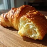 A golden brown croissant, partially broken open to show its flaky layers, perfect for croissant recipes.
