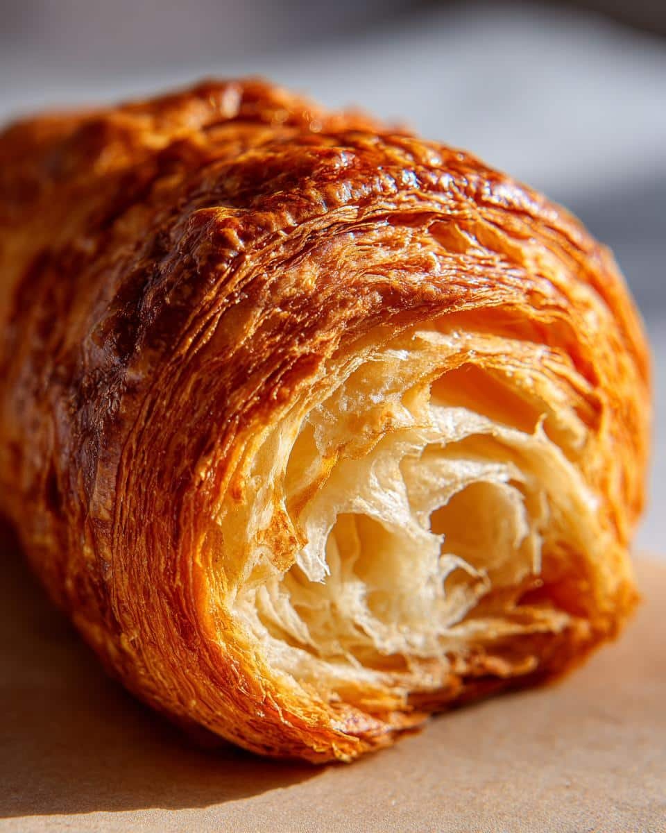 Croissant Recipes: 7 Steps to Delicious Failure 9 Close-up of a golden-brown croissant, showcasing its flaky layers. Perfect for croissant recipes.