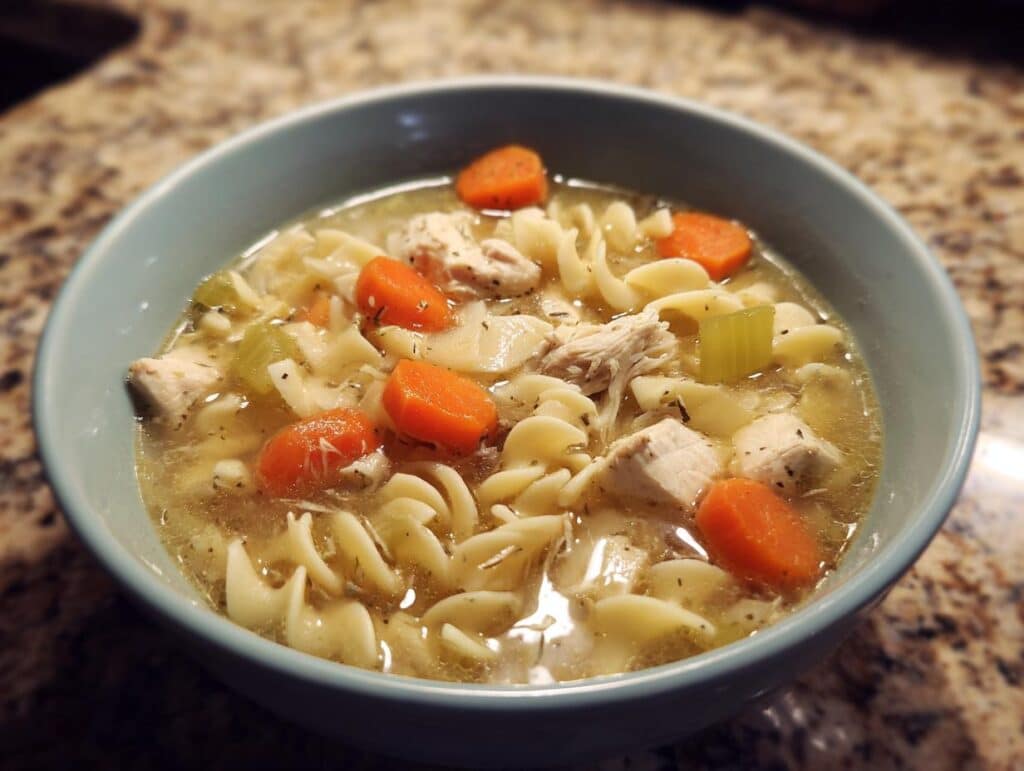 A comforting bowl of Grandma's chicken noodle soup with chicken, noodles, carrots, and celery.