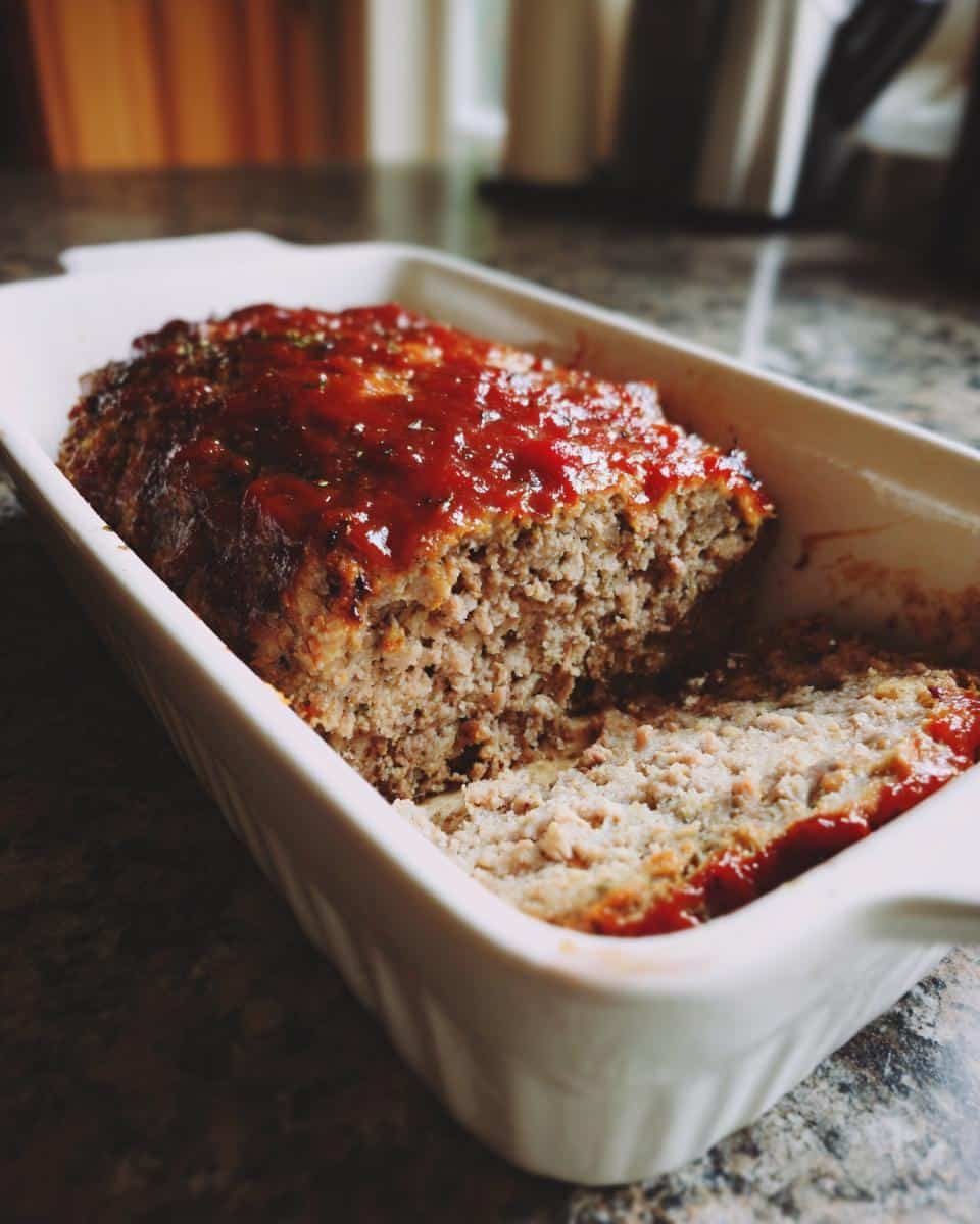 Grandma's Meatloaf: 7 Ingredients, Unforgettable Taste 9 Grandma's meatloaf with a ketchup glaze in a white baking dish, a slice cut out.