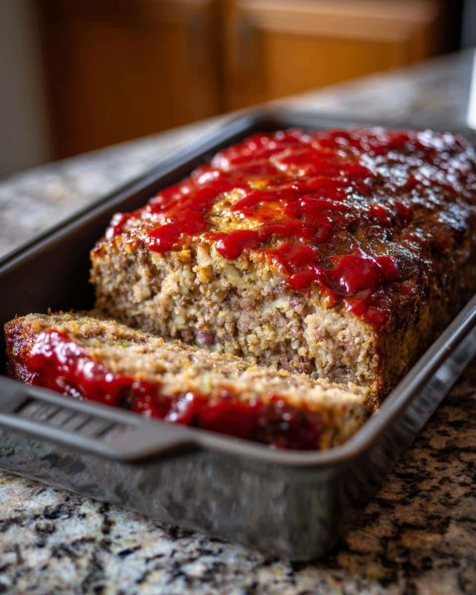 Grandma's Meatloaf: 7 Ingredients, Unforgettable Taste 6 A freshly baked meatloaf with a ketchup glaze, sitting in a baking pan. Grandma's Meatloaf recipe.