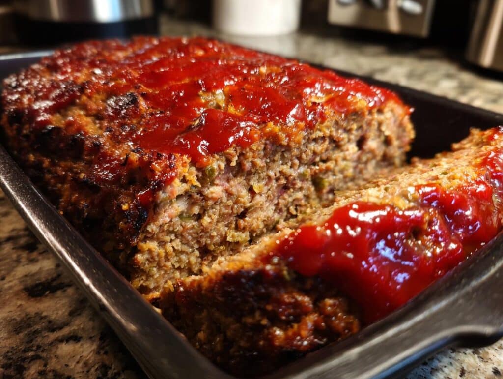 A freshly baked meatloaf in a baking pan, topped with a vibrant ketchup glaze. Ready to serve meatloaf.
