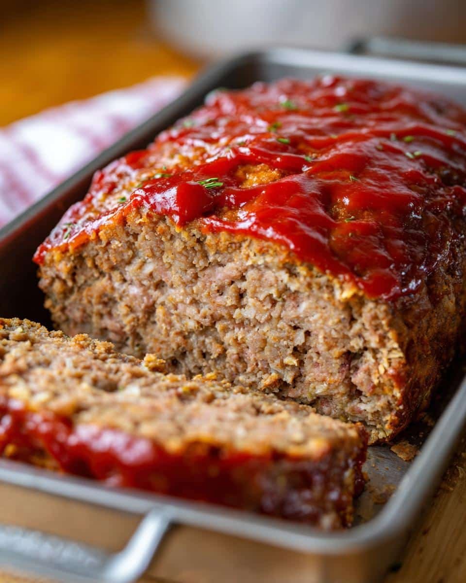 Grandma's Meatloaf: 7 Ingredients, Unforgettable Taste 8 A freshly baked meatloaf with a rich ketchup glaze, sliced and ready to serve. Grandma's meatloaf recipe.