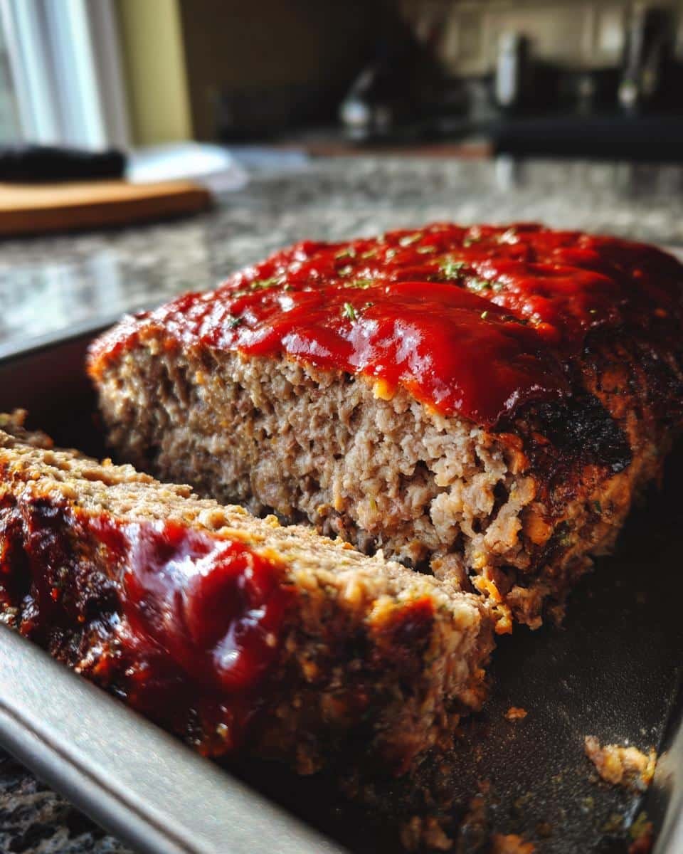 Grandma's Meatloaf: 7 Ingredients, Unforgettable Taste 7 A sliced meatloaf with a rich tomato glaze, sitting in a baking pan. Grandma's meatloaf recipe.