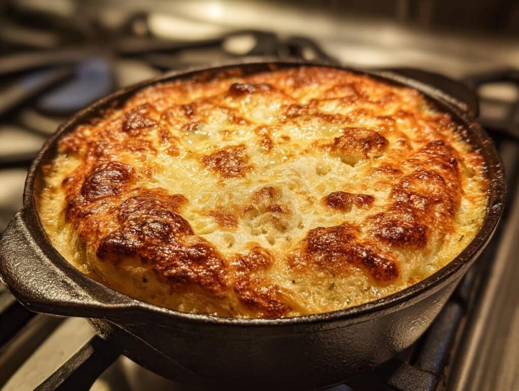 Grandma's potato soup baked in a cast iron skillet with a golden, bubbly crust.