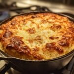 Grandma's potato soup baked in a cast iron skillet with a golden, bubbly crust.