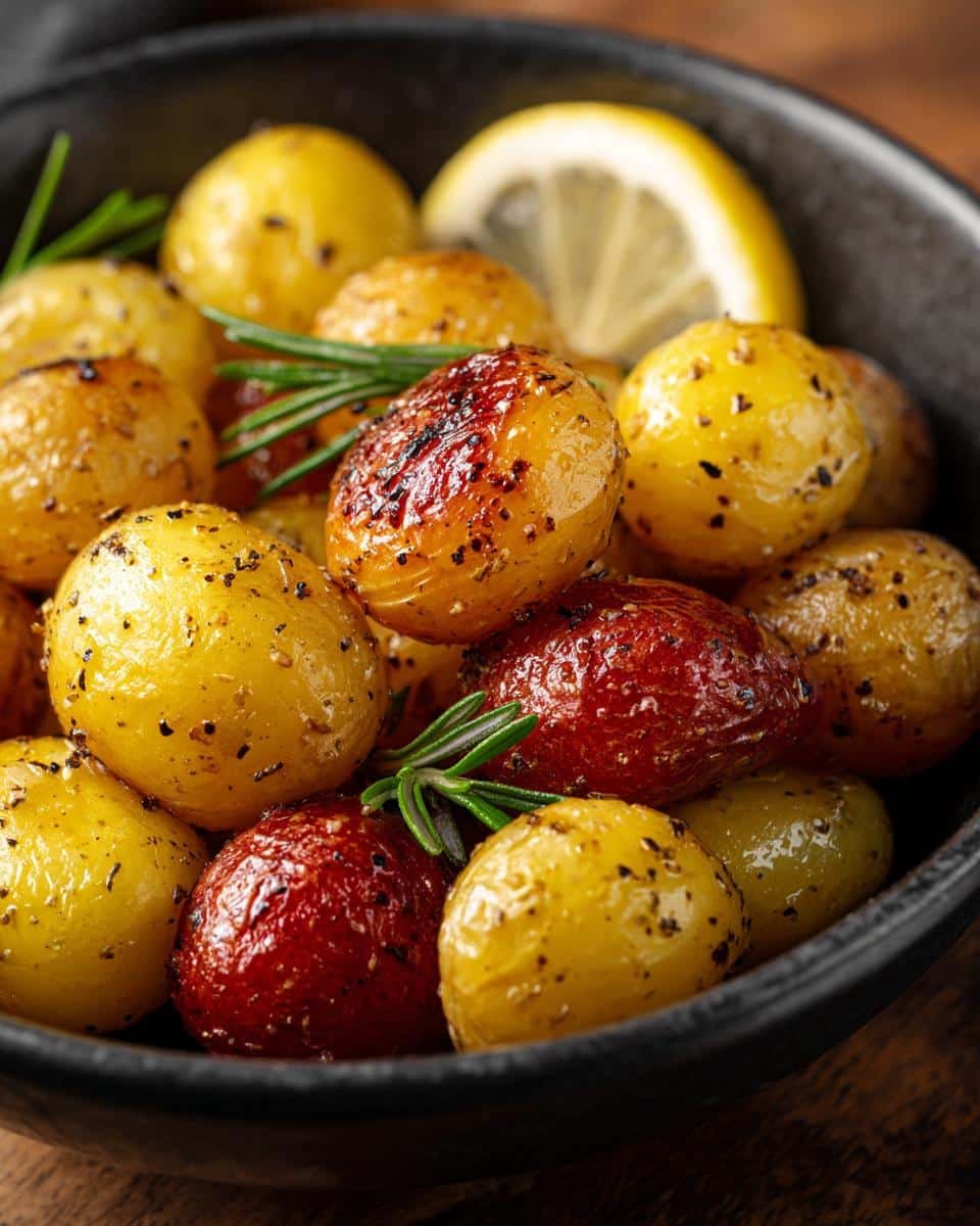 Irresistible Greek Lemon Potatoes in 5 Simple Steps 6 Close-up of Greek Lemon Potatoes in a black bowl, garnished with rosemary and a lemon wedge.