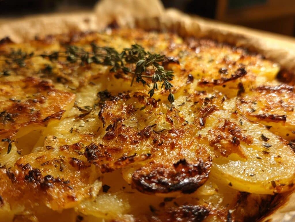 Close-up of crispy Greek Lemon Potatoes with herbs, showcasing their golden-brown color and texture.