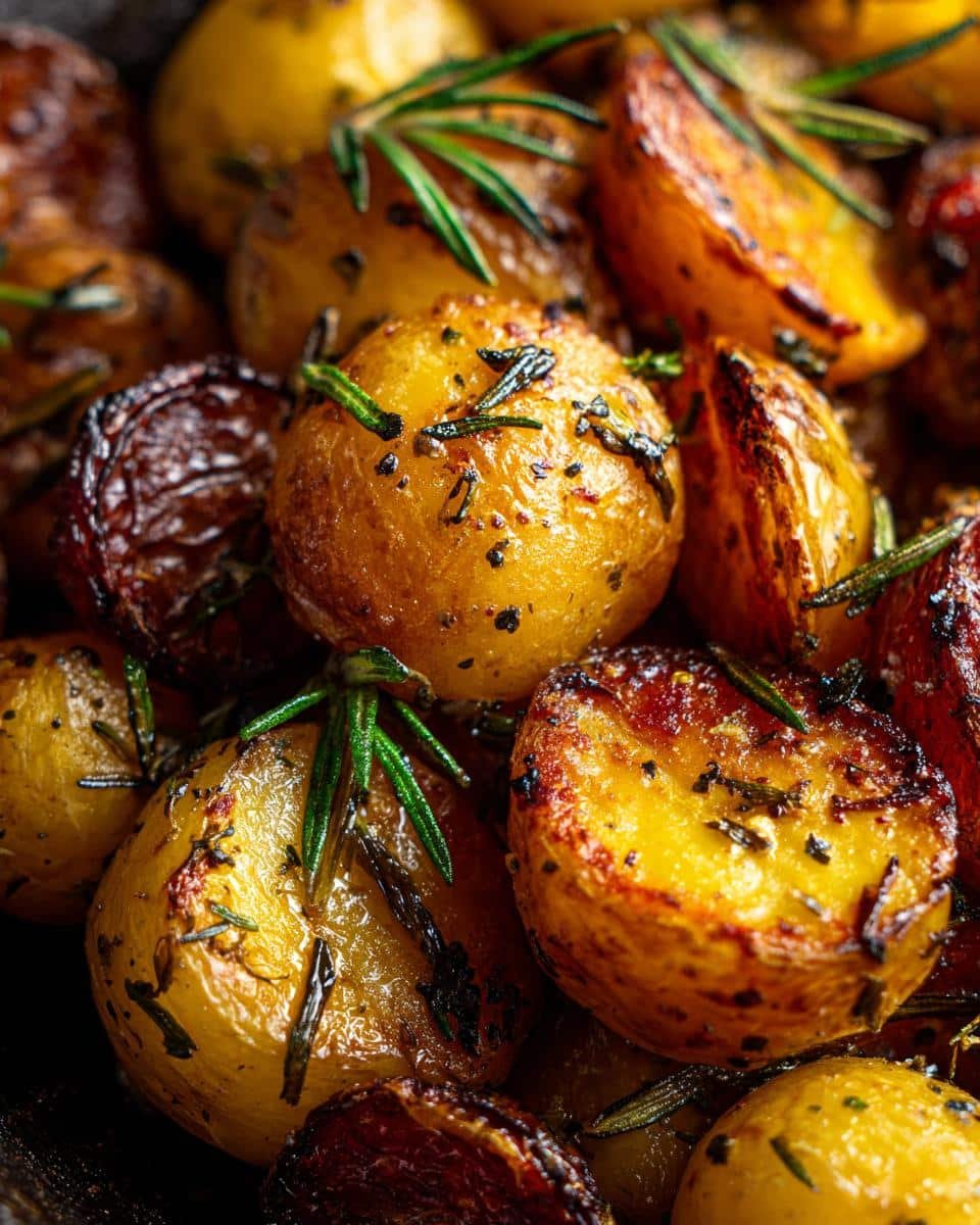 Irresistible Greek Lemon Potatoes in 5 Simple Steps 8 A close-up of roasted Greek Lemon Potatoes with rosemary, showcasing their golden-brown color and crispy texture.