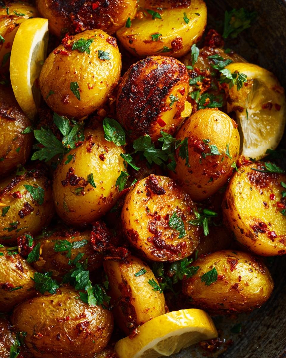 Irresistible Greek Lemon Potatoes in 5 Simple Steps 7 A close-up of roasted Greek Lemon Potatoes with herbs and lemon wedges, showcasing their golden-brown color and texture.