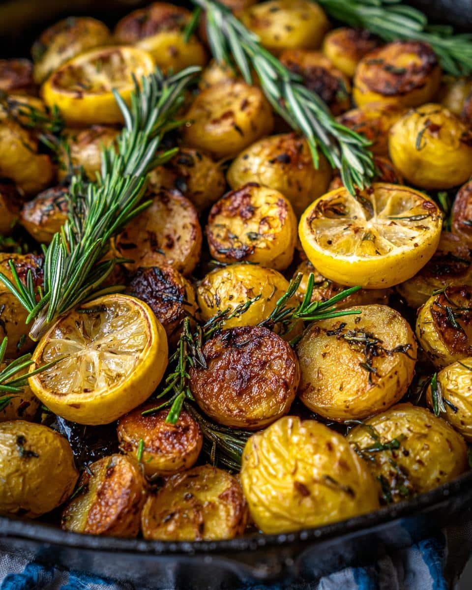 Irresistible Greek Lemon Potatoes in 5 Simple Steps 9 Close-up of roasted Greek Lemon Potatoes with fresh rosemary and lemon halves in a cast iron pan.