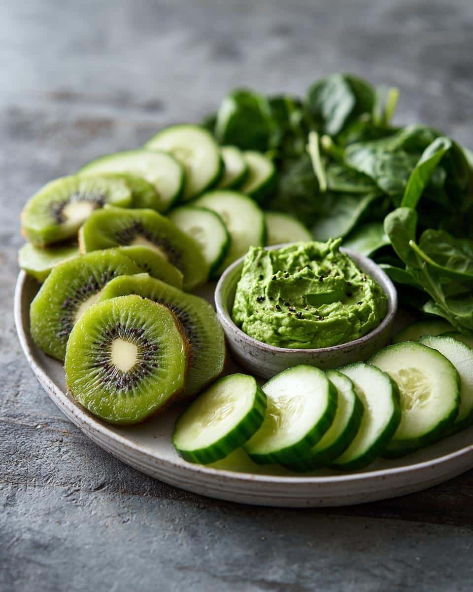 Disgustingly Delicious: 3 Green Foods For Party 9 A platter of green foods for party: kiwi slices, cucumber rounds, spinach, and a bowl of green dip.