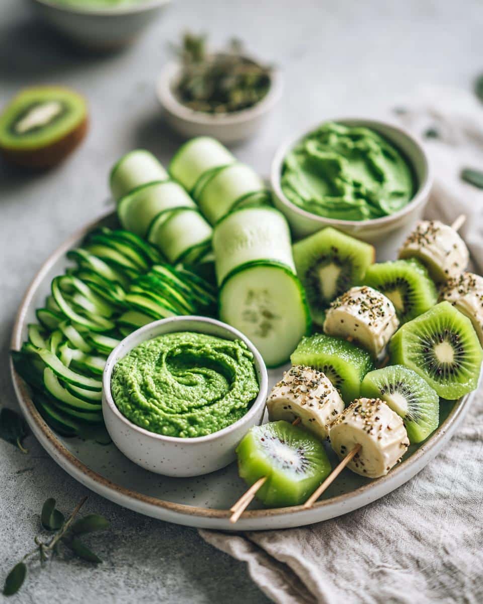 Disgustingly Delicious: 3 Green Foods For Party 6 A vibrant platter of green foods for party, featuring kiwi skewers, cucumber, and a creamy green dip.