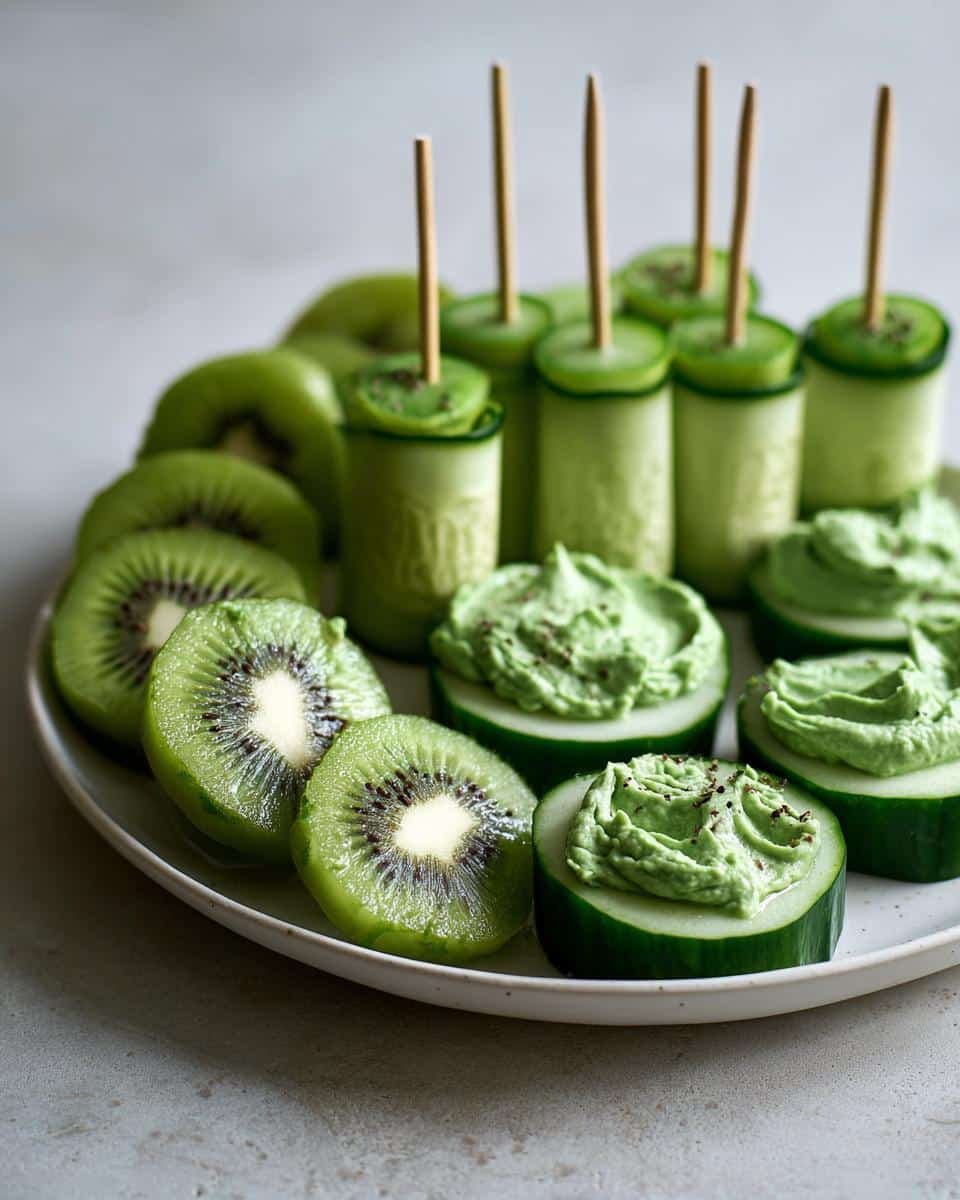 Disgustingly Delicious: 3 Green Foods For Party 8 A platter of green foods for party, including kiwi slices, cucumber bites with green dip, and cucumber skewers.
