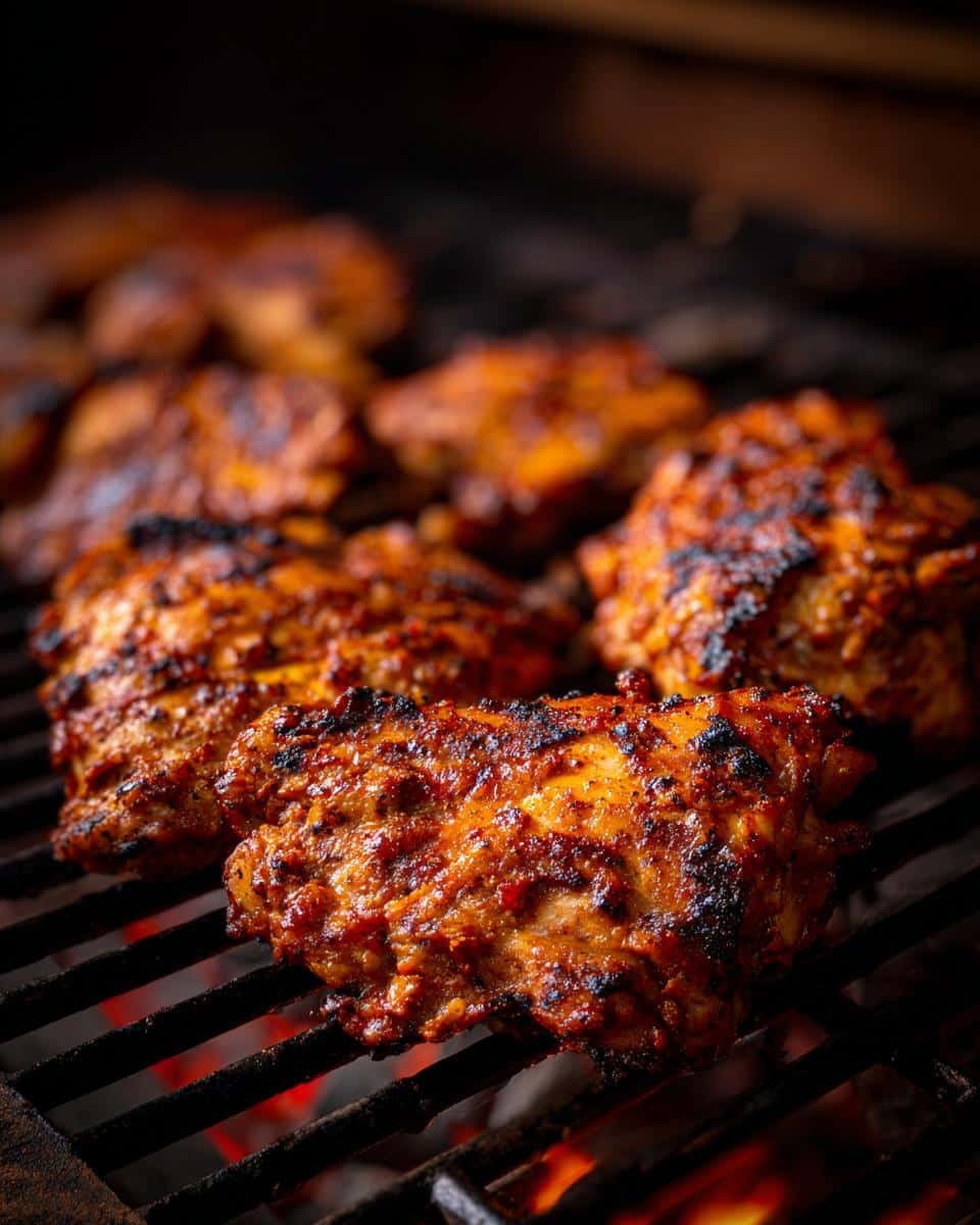 Foolproof Chicken Thigh Recipes: Irresistibly Simple 9 Close-up of seasoned chicken thigh recipes grilling on a barbecue with visible flames underneath.