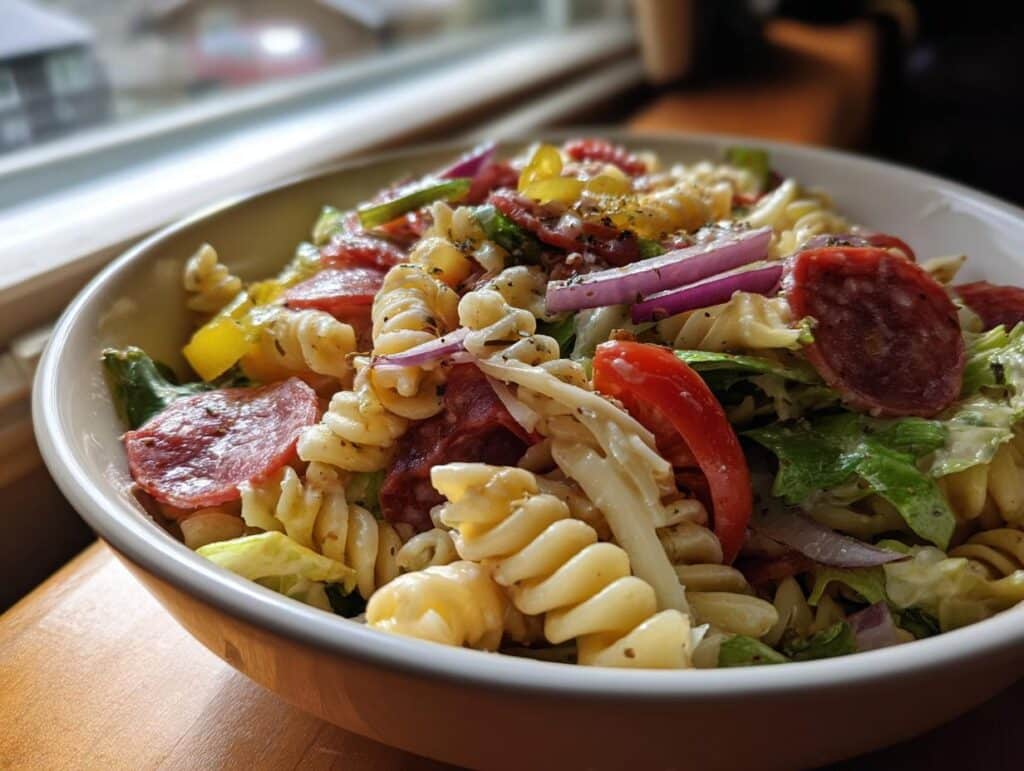 A bowl of grinder pasta salad with rotini pasta, salami, tomatoes, lettuce, onions, and peppers.