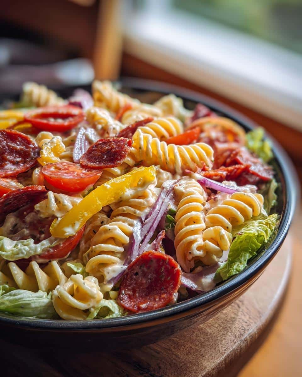 Disgustingly Delicious 20-Minute Grinder Pasta Salad 6 A vibrant bowl of grinder pasta salad with spiral pasta, pepperoni, tomatoes, peppers, and creamy dressing.