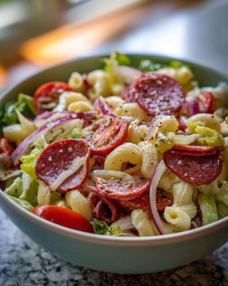 Disgustingly Delicious 20-Minute Grinder Pasta Salad 8 Bowl of grinder pasta salad with salami, tomatoes, red onion, lettuce, and macaroni.