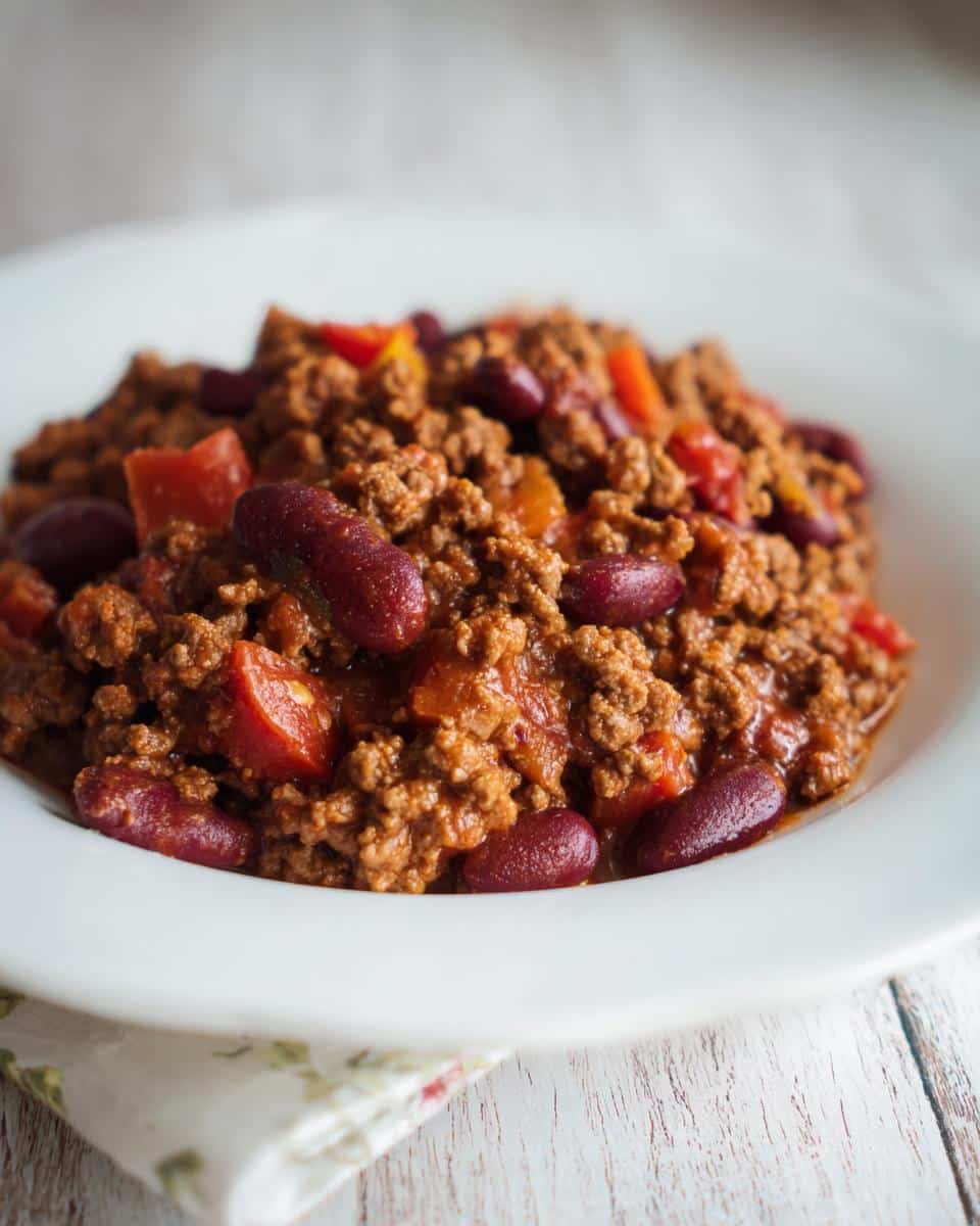 10-Minute Ground Beef Recipes That Taste Dangerously Good 6 A hearty bowl of ground beef recipe with kidney beans and diced tomatoes, ready to eat.