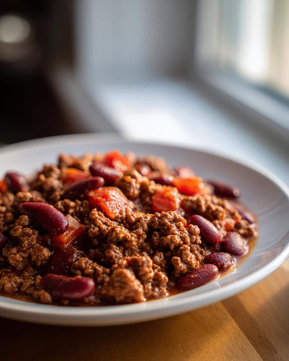10-Minute Ground Beef Recipes That Taste Dangerously Good 9 A close-up of a bowl of chili with ground beef, kidney beans, and diced tomatoes, a quick ground beef recipe.
