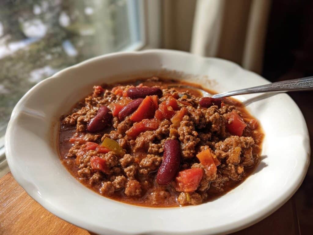A bowl of chili, a quick ground beef recipe, with kidney beans, tomatoes, and other vegetables.