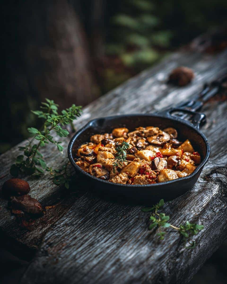 10+ Delicious Ground Turkey Recipes That Won't Disappoint 6 A skillet filled with a delicious ground turkey recipe, featuring mushrooms and herbs on a rustic wooden surface.