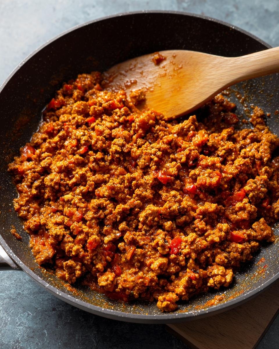 10+ Delicious Ground Turkey Recipes That Won't Disappoint 9 Ground turkey recipe with red peppers cooking in a pan with a wooden spoon.