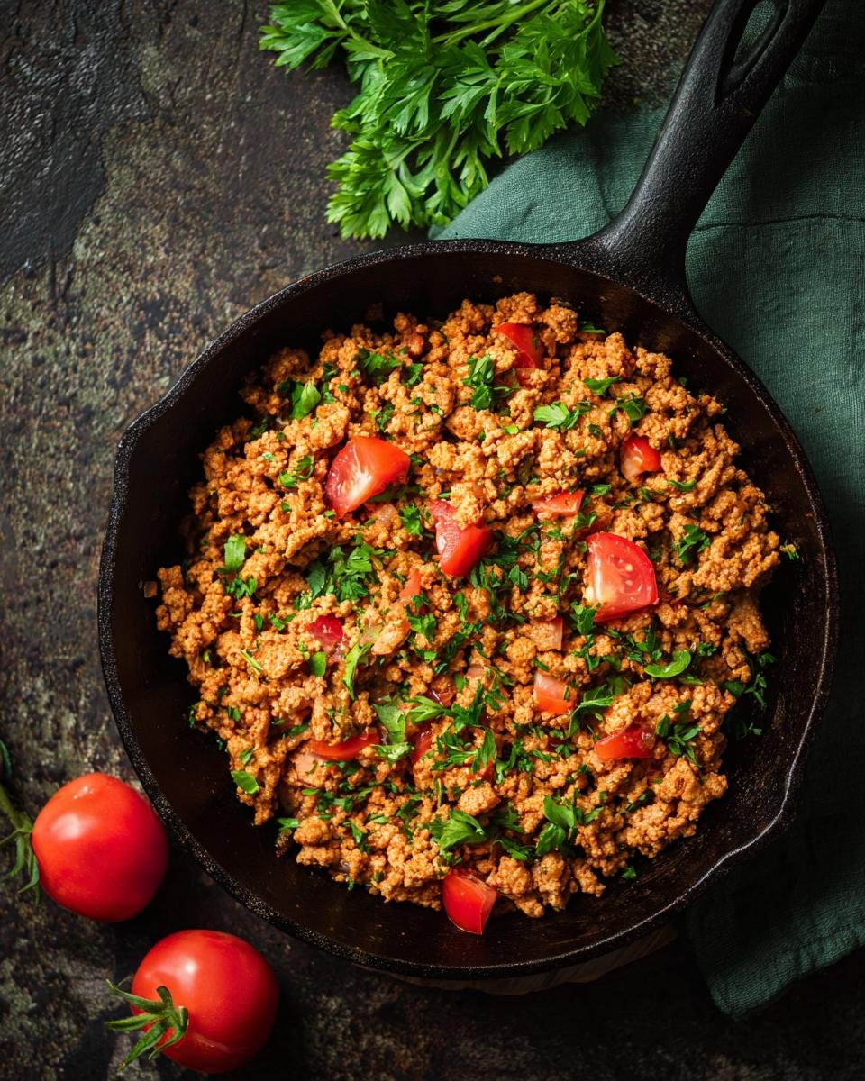 10+ Delicious Ground Turkey Recipes That Won't Disappoint 8 Overhead view of ground turkey recipe in a cast iron skillet with tomatoes and parsley.