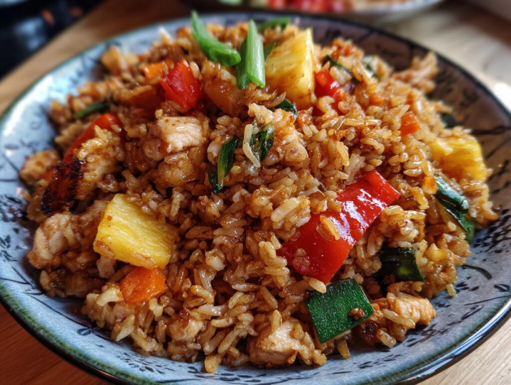 A bowl of healthy chicken pineapple fried rice with colorful vegetables and juicy pineapple chunks.